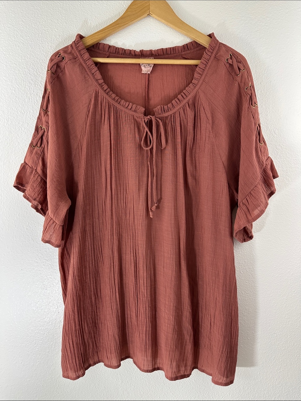 Naif Boho Peasant Blouse Tunic Lace-Up Sleeve Tie Neck Dark Dusty Rose XL